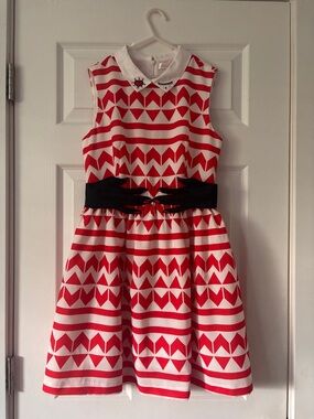 Red and White Patterned Dress with Decorative Collar